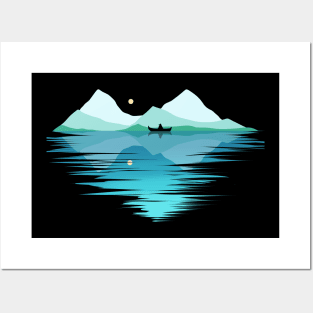 Canoe On A Lake In The Mountains By Moonlight On Camping Posters and Art